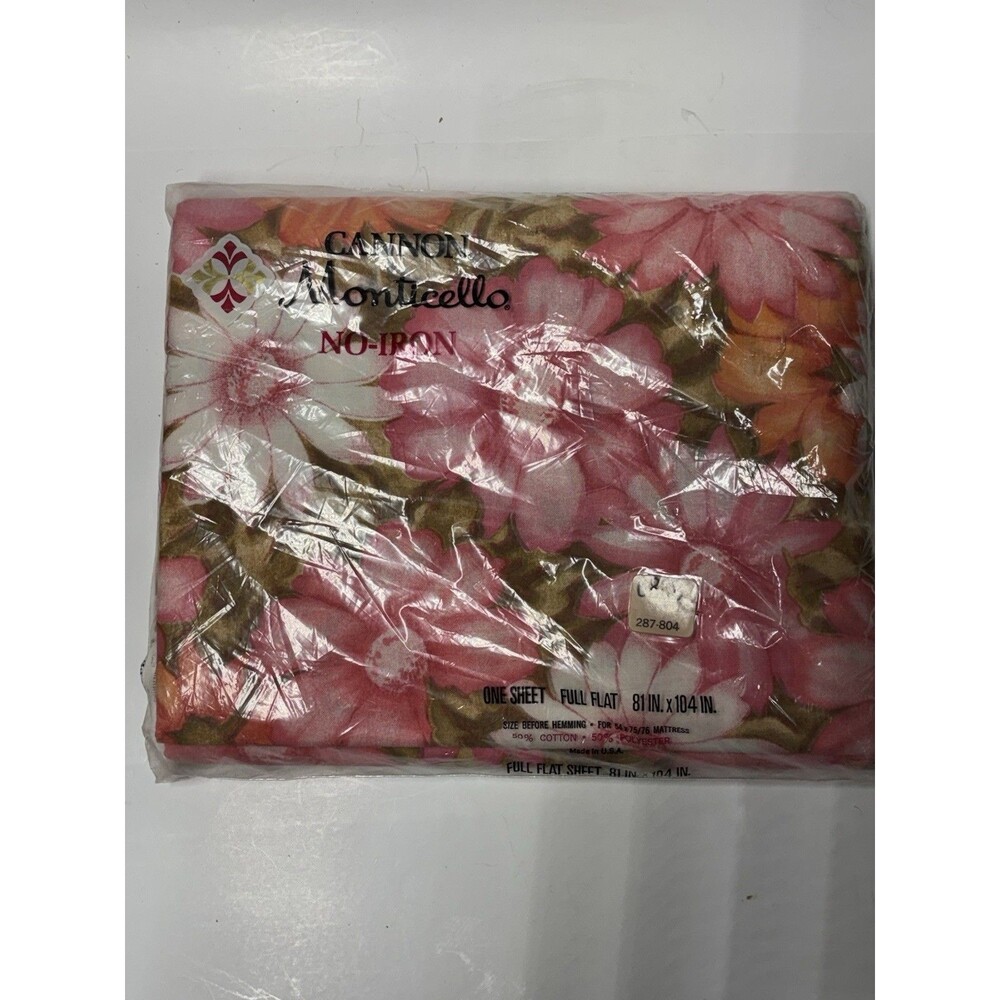Vintage Cannon Monticello Aloha Full Flat Sheet NOS Pink Floral No Iron USA